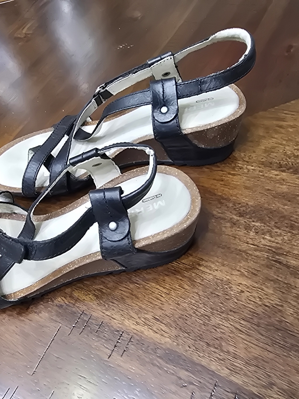 Merrell Black Strappy Cork-Style Wedge Sandals - Picture 3 of 13